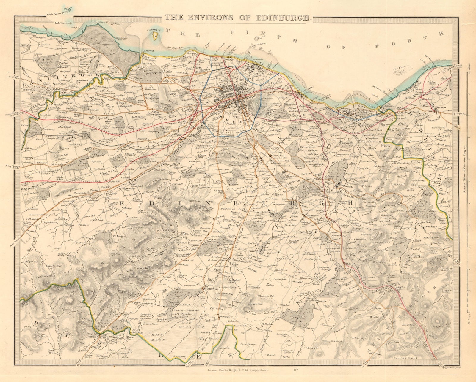 EDINBURGH & ENVIRONS. Leith Linlithgow Peebles Haddington. SDUK 1847 old map